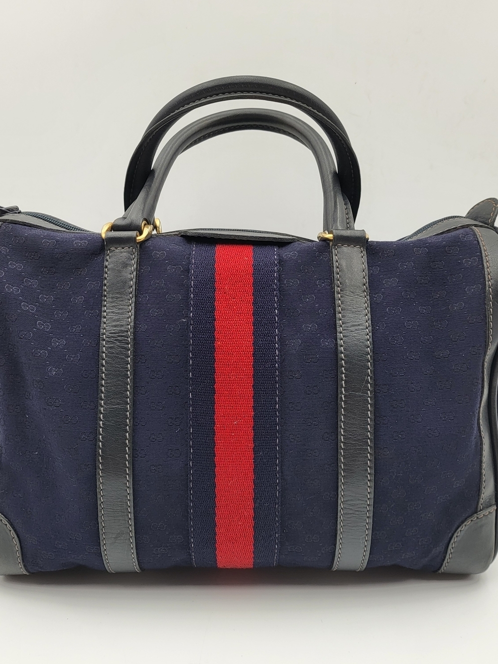 Gucci Vintage Canvas Leather Navy Sherry Line Boston 30 Bag..Auth..w/COA.